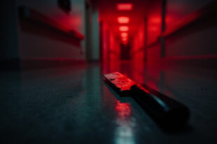 Bread knife on white hospital floor under harsh fluorescent lighting