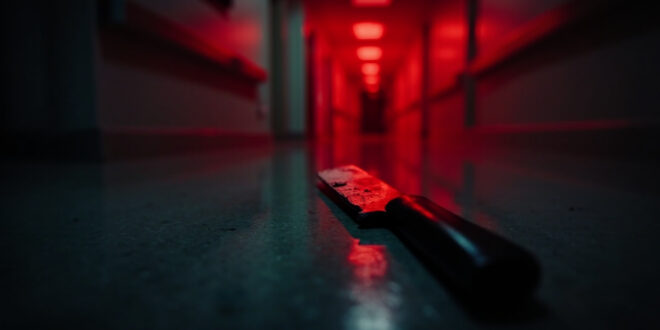 Bread knife on white hospital floor under harsh fluorescent lighting