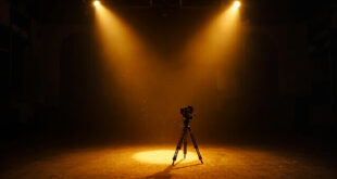 Vintage film camera on tripod stands in empty spotlight on abandoned film set in dimly lit vintage movie studio