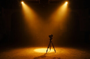 Vintage film camera on tripod stands in empty spotlight on abandoned film set in dimly lit vintage movie studio