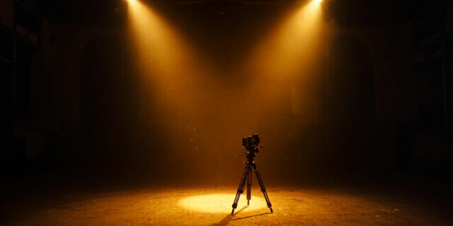 Vintage film camera on tripod stands in empty spotlight on abandoned film set in dimly lit vintage movie studio