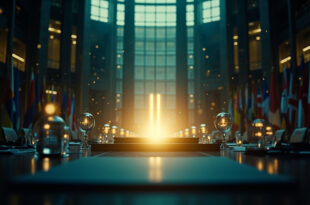 Empty diplomatic conference room with formal table, official documents, and national flags before crucial summit meeting