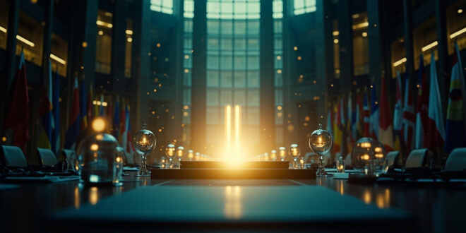 Empty diplomatic conference room with formal table, official documents, and national flags before crucial summit meeting