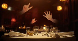 Empty restaurant table with place settings in warm lighting, with space above showing sign language gestures