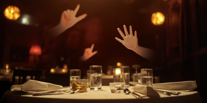 Empty restaurant table with place settings in warm lighting, with space above showing sign language gestures