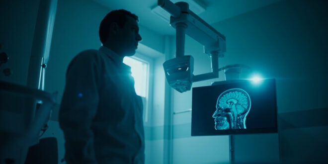 Medical brain scan displaying on illuminated monitor in sterile hospital examination room during emergency diagnosis