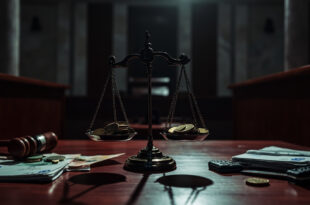 Wooden gavel on marble surface with scattered financial papers and euro coins in dramatic lighting