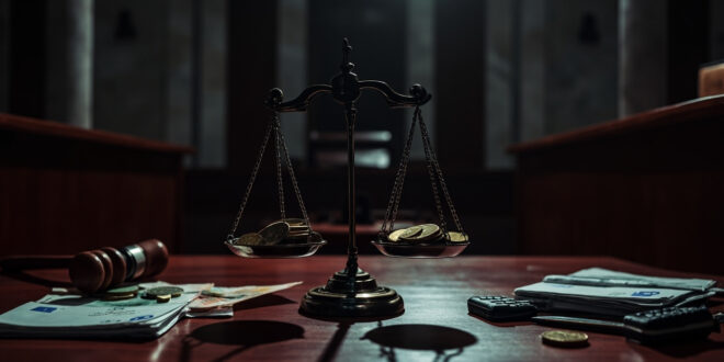 Wooden gavel on marble surface with scattered financial papers and euro coins in dramatic lighting
