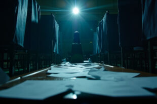 Empty ballot boxes and unmarked papers on counting table in vacant parliamentary chamber at dusk, with closed voting booths