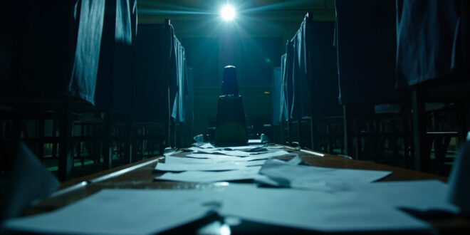 Empty ballot boxes and unmarked papers on counting table in vacant parliamentary chamber at dusk, with closed voting booths