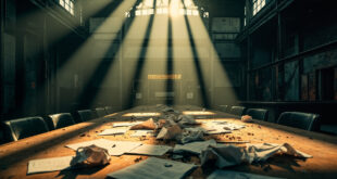 Empty conference table with scattered economic reports in abandoned industrial complex at dusk