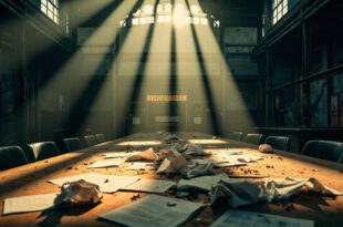 Empty conference table with scattered economic reports in abandoned industrial complex at dusk
