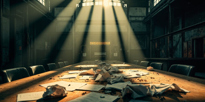 Empty conference table with scattered economic reports in abandoned industrial complex at dusk