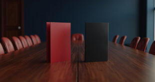 Empty parliamentary chamber with red and black coalition folders on wooden table, official government seals visible
