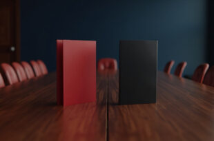 Empty parliamentary chamber with red and black coalition folders on wooden table, official government seals visible
