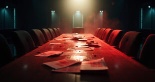 Abandoned political flyers scattered across wooden table in dimly lit conference room with empty chairs