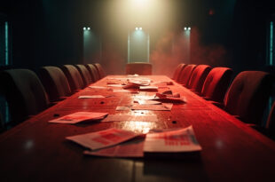 Abandoned political flyers scattered across wooden table in dimly lit conference room with empty chairs