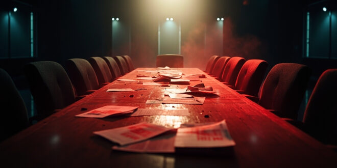 Abandoned political flyers scattered across wooden table in dimly lit conference room with empty chairs