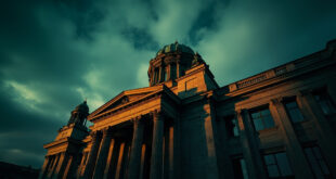 Classical government building with columns and dome against cloudy sky, no people visible