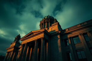 Classical government building with columns and dome against cloudy sky, no people visible