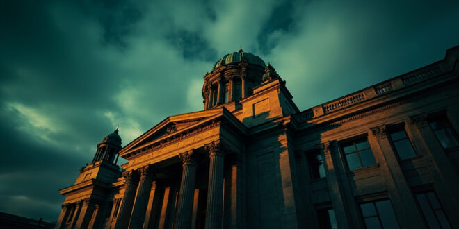 Classical government building with columns and dome against cloudy sky, no people visible