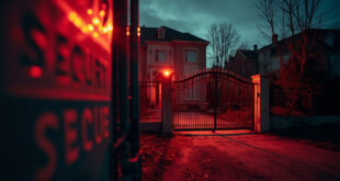 Abandoned luxury villa with prominent security warning signs on iron gates at dusk in an empty upscale neighborhood