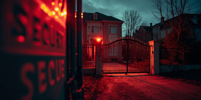 Abandoned luxury villa with prominent security warning signs on iron gates at dusk in an empty upscale neighborhood