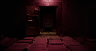 Open vault door revealing empty interior with scattered budget documents and accounting ledgers on marble floor.