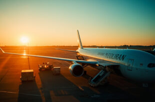 Commercial passenger jet at airport gate with boarding stairs and ground crew vehicles during golden hour lighting