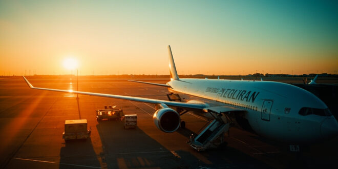 Commercial passenger jet at airport gate with boarding stairs and ground crew vehicles during golden hour lighting