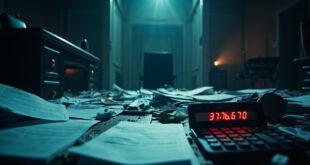 Empty government desk scattered with pension policy documents and calculator displaying billion-dollar figures in sterile office