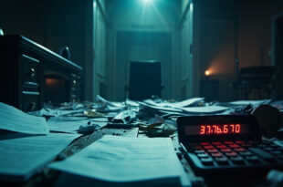 Empty government desk scattered with pension policy documents and calculator displaying billion-dollar figures in sterile office