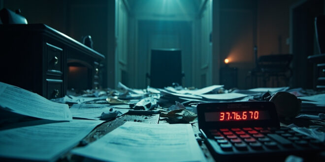 Empty government desk scattered with pension policy documents and calculator displaying billion-dollar figures in sterile office