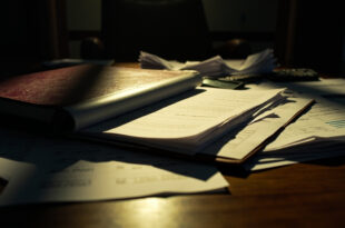 Leather policy folder open on conference table with financial documents and calculator nearby
