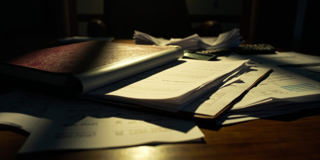 Leather policy folder open on conference table with financial documents and calculator nearby