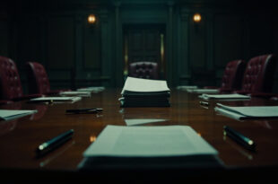 Official documents and fountain pens arranged on dark wooden conference table in formal government setting