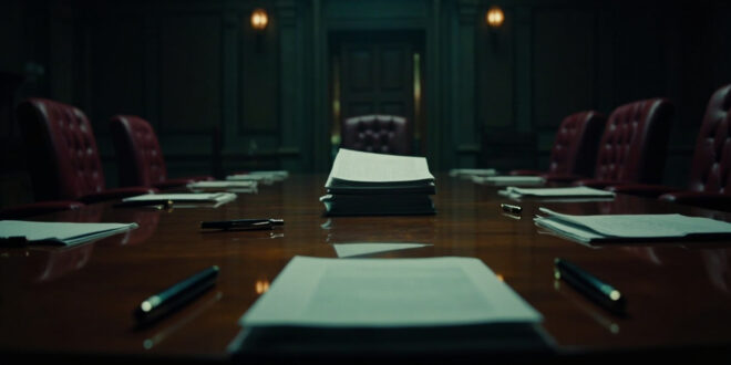 Official documents and fountain pens arranged on dark wooden conference table in formal government setting