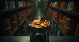 Opened can of ravioli with fork on industrial metal surface surrounded by warehouse shelving