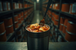 Opened can of ravioli with fork on industrial metal surface surrounded by warehouse shelving
