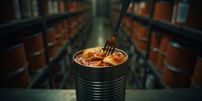 Opened can of ravioli with fork on industrial metal surface surrounded by warehouse shelving