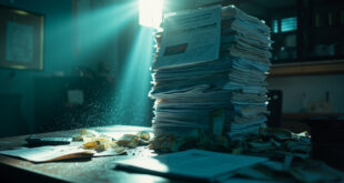 Towering stack of budget documents on abandoned desk with calculator displaying 46.9 billion euros in empty government office