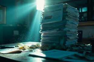 Towering stack of budget documents on abandoned desk with calculator displaying 46.9 billion euros in empty government office