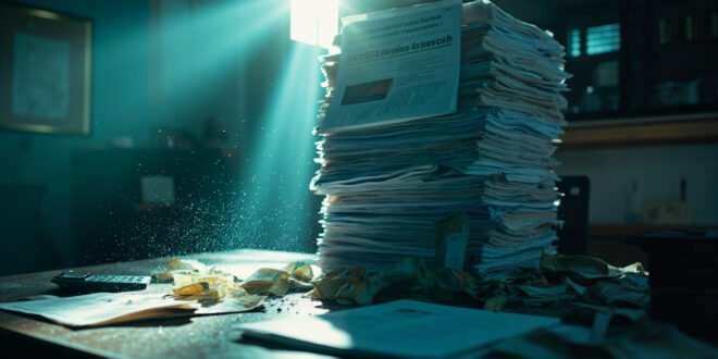 Towering stack of budget documents on abandoned desk with calculator displaying 46.9 billion euros in empty government office