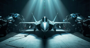 Fighter jet prototype in industrial hangar with technical blueprints and aerospace components on metal workbenches