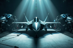 Fighter jet prototype in industrial hangar with technical blueprints and aerospace components on metal workbenches