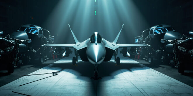 Fighter jet prototype in industrial hangar with technical blueprints and aerospace components on metal workbenches