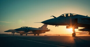 Unmanned Eurofighter jets positioned on a deserted military airfield tarmac at dusk, bathed in steel gray and deep blue light.