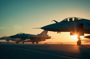 Unmanned Eurofighter jets positioned on a deserted military airfield tarmac at dusk, bathed in steel gray and deep blue light.