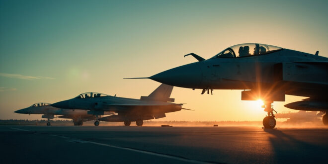 Unmanned Eurofighter jets positioned on a deserted military airfield tarmac at dusk, bathed in steel gray and deep blue light.