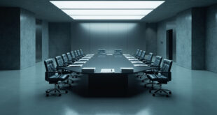 Empty high-security conference room with polished table, official folders, and modern government building architecture